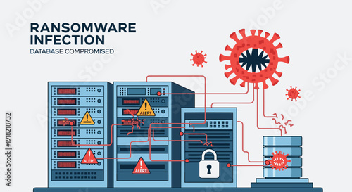 Servers and a database compromised by ransomware infection with virus icons, symbolizing a data breach in a data center.