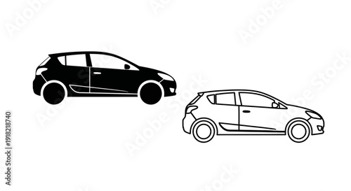 Two different types of cars, black and white, side by side, minimalist style. Vector