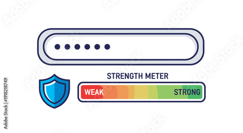 A password entry field with obscured characters next to a strength meter ranging from weak to strong, with a security shield.