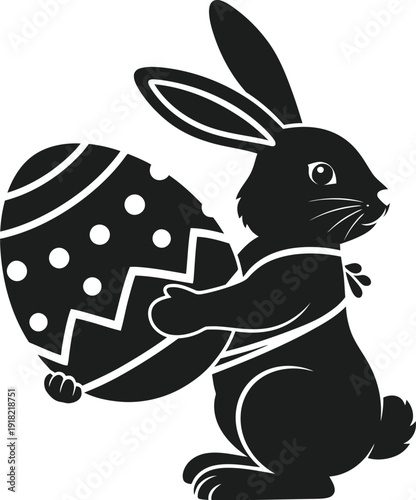 Happy easter bunny holding a decorative egg in a minimalist black and white illustration