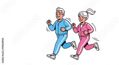 Elderly couple jogging together in matching tracksuits outdoors