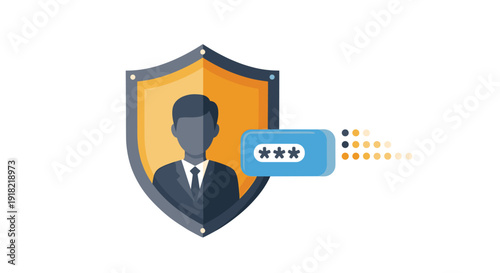 User profile icon behind shield with password box moving, illustrating account security and data protection.
