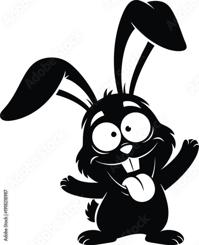 Playful black cartoon rabbit character with exaggerated features and dynamic pose on white background