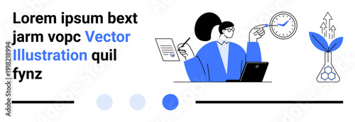 Woman pointing at clock with report and laptop nearby. A plant symbolizing growth and sustainability. Digital progress. Ideal for productivity, planning, business solutions, education, environment