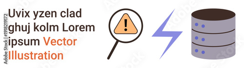 Data security, cybersecurity warning, database management, risk analysis, alert systems, network safety. A magnifying glass with a warning icon, flash icon and database stack. Cybersecurity