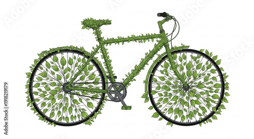 Eco friendly bicycle made of green leaves and twigs on white background symbolizing sustainable transportation and environmental awareness