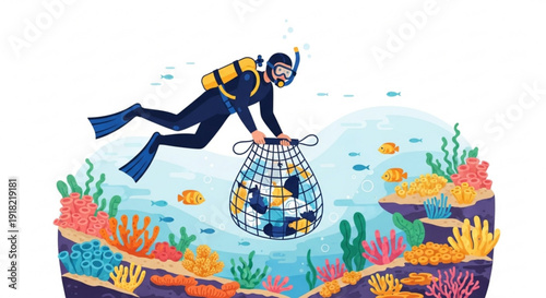 Scuba diver in ocean with cage rescuing sea turtle from pollution