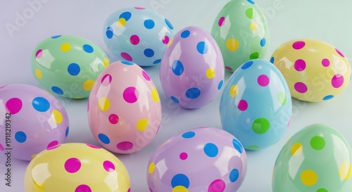 Several pastel Easter eggs decorated with bright, contrasting polka dots are scattered across a light surface.