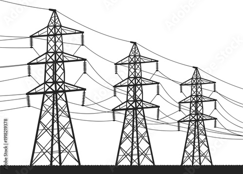 Industrial high voltage electrical power lines and transmission towers silhouette against a clear white background