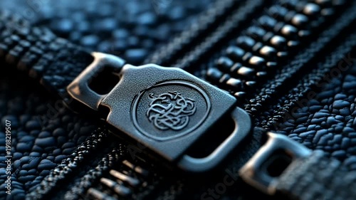 Close-up of a stylish black zipper pull on textured fabric, showcasing intricate design
