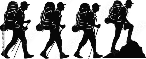 Hiker silhouette illustration set, trekking journey artwork, mountain climbing vector, outdoor adventure design, backpack gear graphic, exploration achievement concept