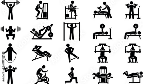 Gym workout equipment icons set – stick figure strength training vector illustration