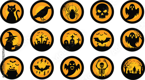Halloween silhouette icon set, spooky graphic artwork, ghost bat skull vector, witch cauldron design, graveyard spider crow cat illustration