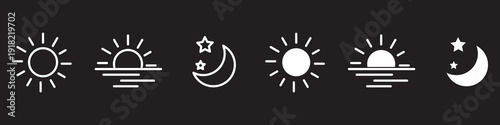 Collection of time of the day icons. Rising and setting sun, crescent moon and stars, day and night time symbols. PNG image 