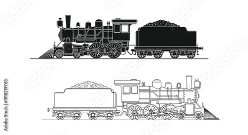 Detailed illustration of a vintage steam locomotive in black and white