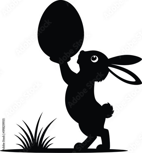 Silhouette illustration of a charming easter bunny holding a large egg with grass nearby
