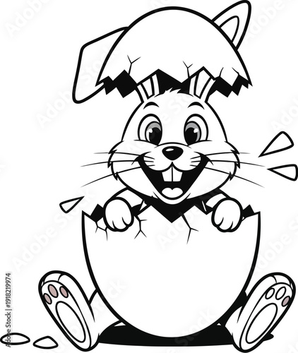 Happy cartoon bunny hatching from a broken eggshell with cracked pieces around