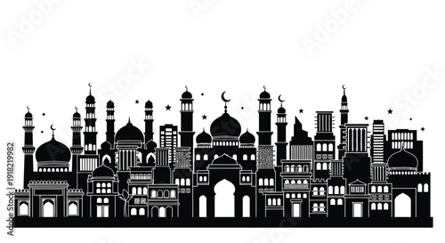 Detailed black silhouette of a middle eastern city skyline at night