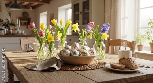Wallpaper Mural A beautifully set wooden table with Easter eggs and flowers in a bright kitchen Torontodigital.ca