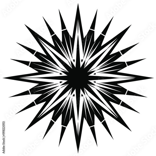 A black and white image of a starburst with sharp points