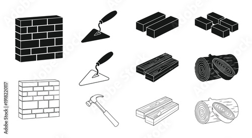 Black and white illustration of masonry carpentry and building tools