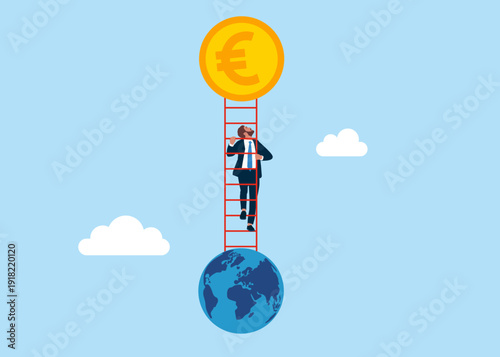 Businessman walking up the stairs from earth to euro coin. Global financial bridge and International expansion. Flat vector illustration