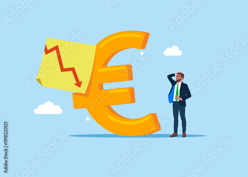 European currency symbol euro with red down arrow on sticky note. Modern vector illustration in flat style