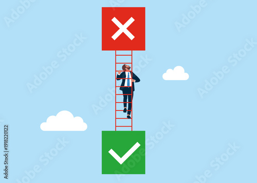 Businessman choosing button no. Increased risk and strategic failures path. Choice, problem and decision concept. Flat vector illustration.