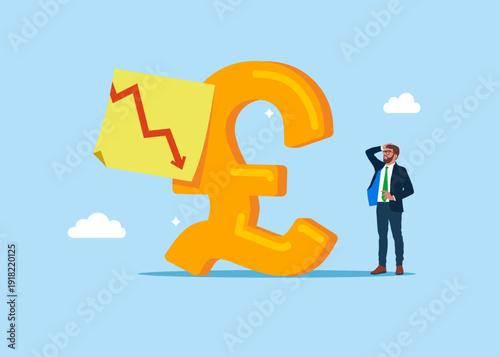 English currency symbol pound sterling with red down arrow on sticky note. Modern vector illustration in flat style