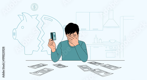 Man covers face, holding credit card, surrounded by bills and a broken piggy bank, indicating financial distress.