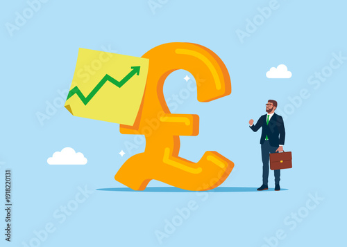 English currency symbol pound sterling with green up arrow on sticky note. Modern vector illustration in flat style