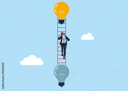 Businessman walking up the stairs from old to new shiny lightbulb idea. Business transformation, change management or transition to better innovative company. Flat vector illustration