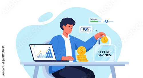 A man at a desk places a coin into a transparent lock-shaped Secure Savings container with a laptop.