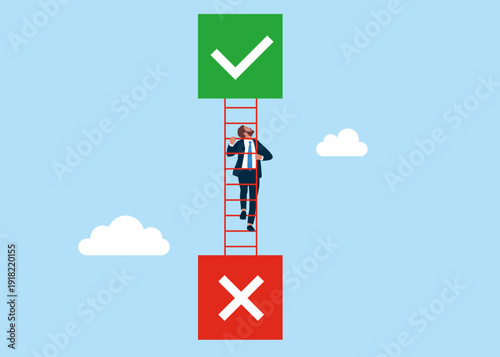 Businessman choosing button YES. Risk reduction and strategic success path. Flat vector illustration.