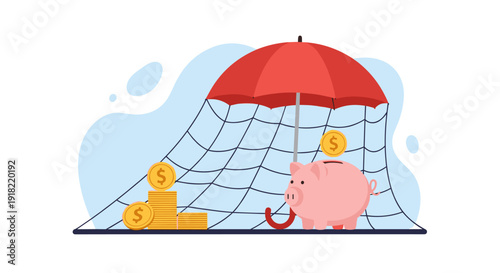 Piggy bank and coin stacks are secured under a protective net and red umbrella, symbolizing financial safety.
