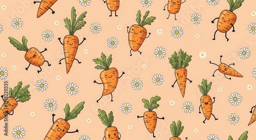Wallpaper Mural A playful pattern of cartoon carrots with smiling faces and flowers Torontodigital.ca