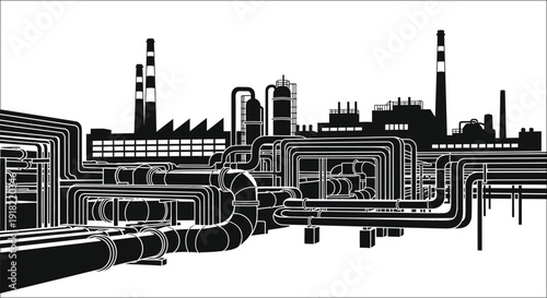 Industrial complex with pipes and smokestacks in a graphic style
