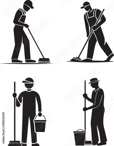 Cleaning Service Employees Team Silhouette  vector on white background 