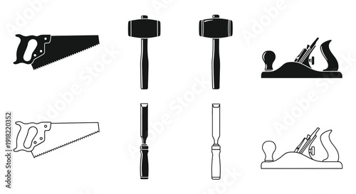 Black and white icons depicting various woodworking tools arranged in a grid
