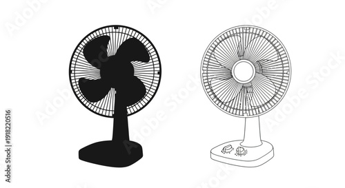Two desk fans one solid black one outlined in white