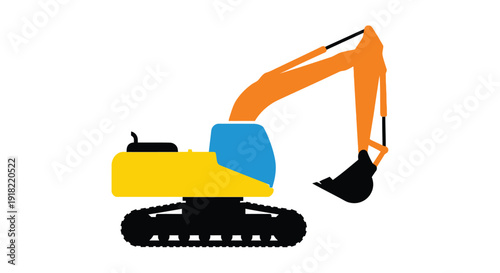 Stylized illustration of an orange and blue excavator on black tracks