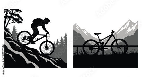 Mountain biking illustration featuring silhouettes and grayscale landscapes