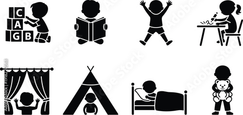 Construction site cranes, fishing boats, bridge architecture, and children playing silhouettes, industrial engineering and childhood education activity vector icons for diverse design projects