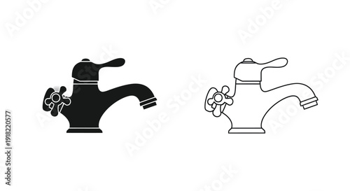 Two faucet illustrations a solid black version and a white outline