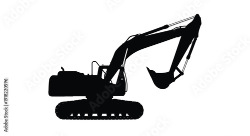 Silhouette of a large excavator construction machine against a white background