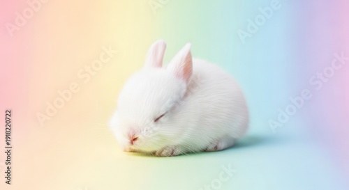 A small, fluffy white baby rabbit sleeps soundly against a soft, brightly colored background featuring a gentle rainbow gradient.