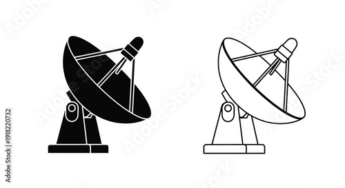 Two satellite dishes depicted in contrasting black and white styles