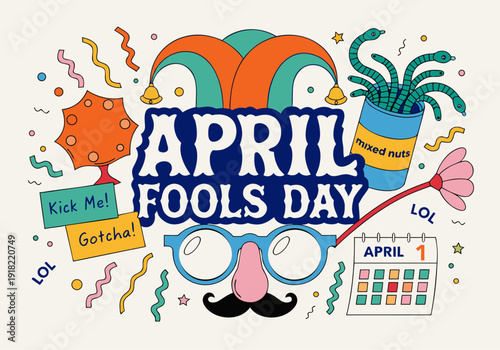 A colorful illustration celebrating April Fools' Day with playful graphics and text