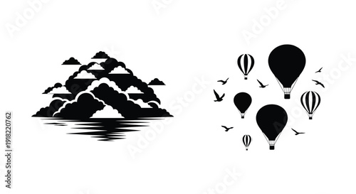 Minimalist illustration of mountains water hot air balloons and birds