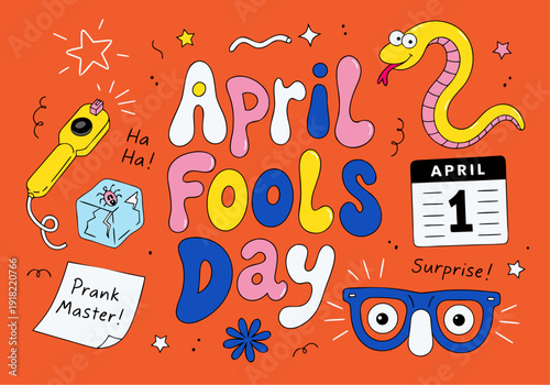 A colorful illustration celebrating April Fools' Day with playful prank elements and vibrant design